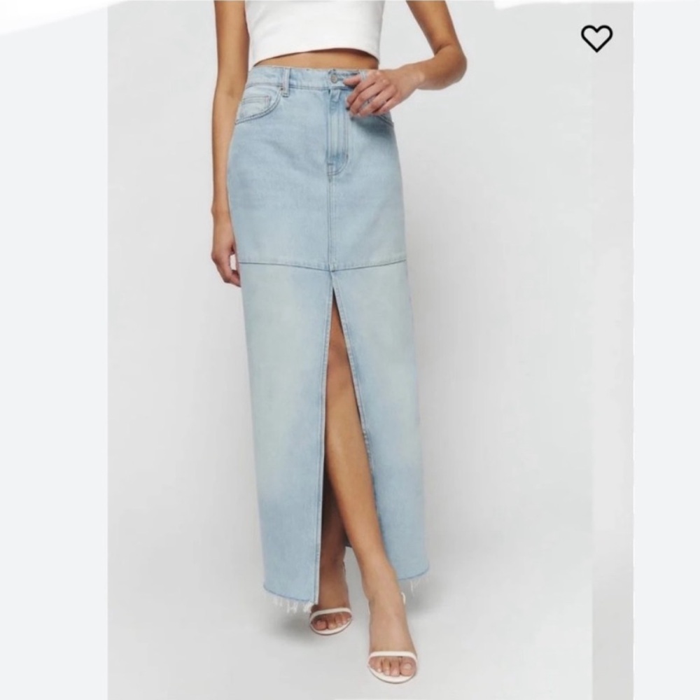 Reformation Tazz Maxi Split Denim Skirt Light Wash Tahoe Blue